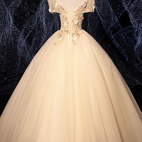 Champagne tulle lace long prom dress evening dress - Thumbnail 4