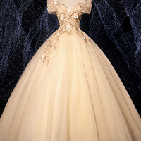 Champagne tulle lace long prom dress evening dress - Thumbnail 5