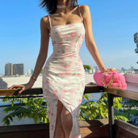 Rose Flower Print Cross Strap Split Sling Dress - Thumbnail 1