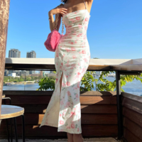 Rose Flower Print Cross Strap Split Sling Dress - Thumbnail 2