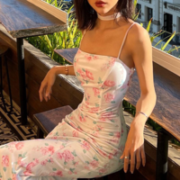 Rose Flower Print Cross Strap Split Sling Dress - Thumbnail 5