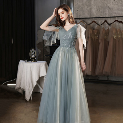 Green tulle beaded long prom dress evening dress - Thumbnail 1