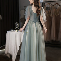 Green tulle beaded long prom dress evening dress - Thumbnail 6