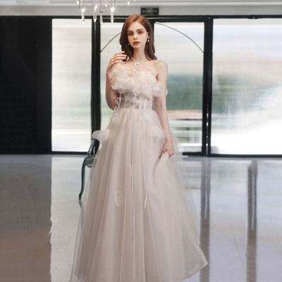 White tulle long a-line prom dress evening dress - Thumbnail 1