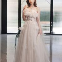 White tulle long A-line prom dress evening dress - Thumbnail 6