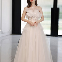 White tulle long A-line prom dress evening dress - Thumbnail 2