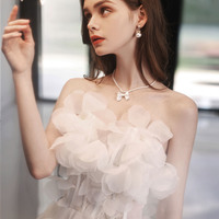 White tulle long A-line prom dress evening dress - Thumbnail 3