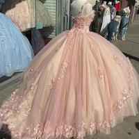 Ball Gown Pink Sparkly Quinceanera Prom Dresses With Lace Flower  - Thumbnail 1