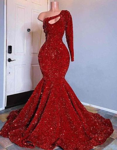Mermaid One Shoulder Red Sequined Prom Dresses 