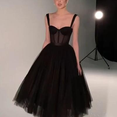 Tea length black prom dress, short evening dress - Thumbnail 4