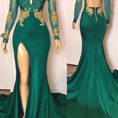 Mermaid sexy green evening dress with long sleeves lace applique