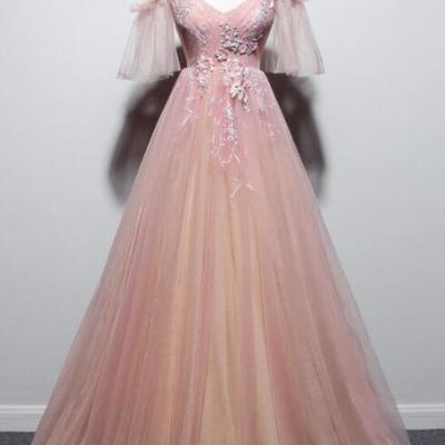 Beautiful floor length pink straps v-neckline tulle prom dress - Thumbnail 3