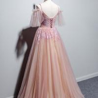 Beautiful Floor Length Pink Straps V-neckline Tulle Prom Dress - Thumbnail 1
