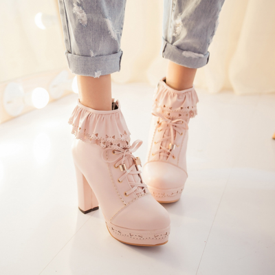 Flounce lace up platform heeled boots shoes