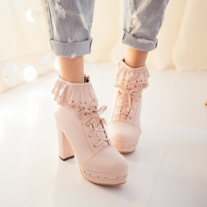 Flounce Lace Up Platform Heeled Boots Shoes