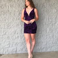 Sparkly Bodycon V Neck Purple Sequins Short Homecoming Dress - Thumbnail 1