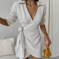 Solid Color Women's Long Sleeve White Dress - Thumbnail 2