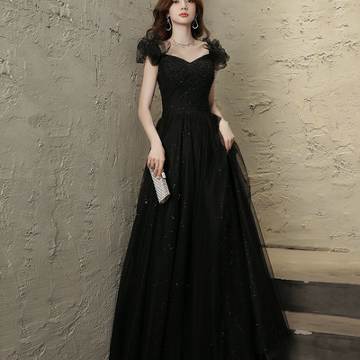 Black tulle beaded long prom dress evening dress - Thumbnail 2