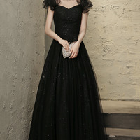 Black tulle beaded long prom dress evening dress - Thumbnail 2