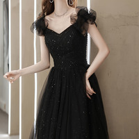 Black tulle beaded long prom dress evening dress - Thumbnail 3