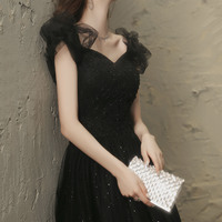 Black tulle beaded long prom dress evening dress - Thumbnail 4