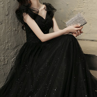 Black tulle beaded long prom dress evening dress - Thumbnail 5
