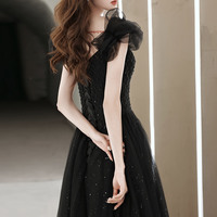 Black tulle beaded long prom dress evening dress - Thumbnail 7
