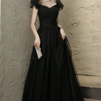 Black tulle beaded long prom dress evening dress - Thumbnail 8