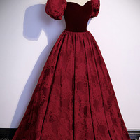 Burgundy velvet jacquard long  prom dress evening dress - Thumbnail 1