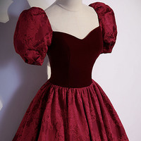 Burgundy velvet jacquard long  prom dress evening dress - Thumbnail 2