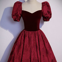 Burgundy velvet jacquard long  prom dress evening dress - Thumbnail 3