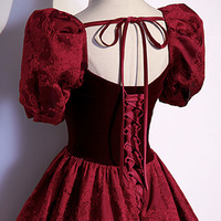 Burgundy velvet jacquard long  prom dress evening dress - Thumbnail 4