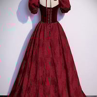 Burgundy velvet jacquard long  prom dress evening dress - Thumbnail 5