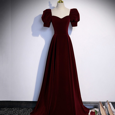 Burgundy velvet long prom dress evening dress