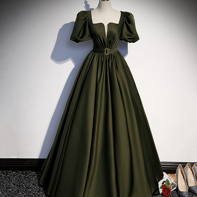 Green satin long prom dress a-line evening dress - Thumbnail 3