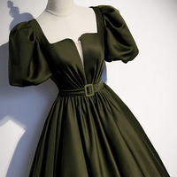 Green satin long prom dress A-line evening dress - Thumbnail 1
