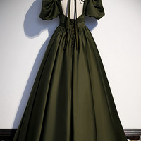 Green satin long prom dress A-line evening dress - Thumbnail 3