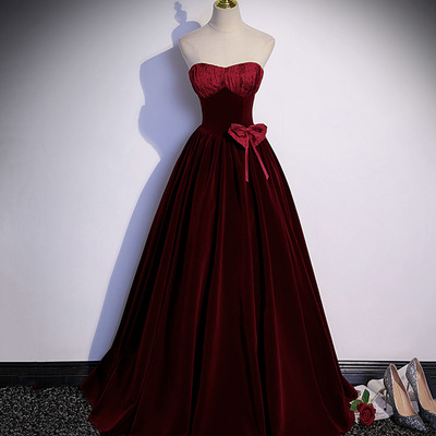 Burgundy velvet long prom dress a-line evening gown - Thumbnail 2