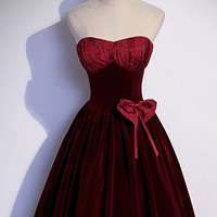 Burgundy velvet long prom dress A-line evening gown - Thumbnail 1