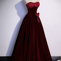 Burgundy velvet long prom dress A-line evening gown - Thumbnail 2