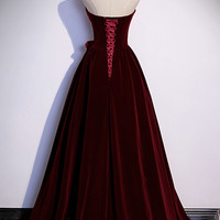 Burgundy velvet long prom dress A-line evening gown - Thumbnail 3