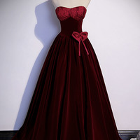 Burgundy velvet long prom dress A-line evening gown - Thumbnail 4
