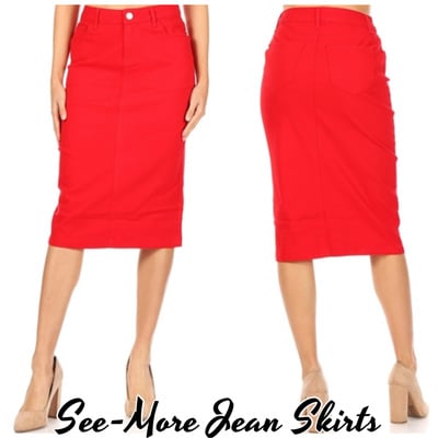 FIRE RED MID-LENGTH DENIM SKIRT