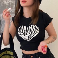 Letters Heart Printed Crop Top - Thumbnail 3