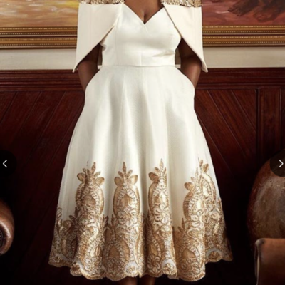 Ankle length mother of the bride dresses with gold lace - Thumbnail 3