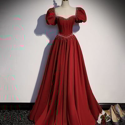 Burgundy a-line satin long prom dress evening dress - Thumbnail 4