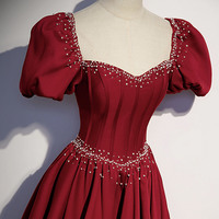 Burgundy A-line satin long prom dress evening dress - Thumbnail 1