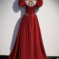 Burgundy A-line satin long prom dress evening dress - Thumbnail 3