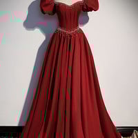 Burgundy A-line satin long prom dress evening dress - Thumbnail 4