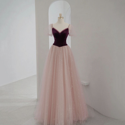 Pink velvet tulle long prom dress pink evening dress - Thumbnail 2